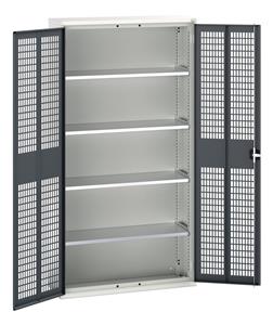 verso ventilated door cupboard with 4 shelves. WxDxH: 1050x350x2000mm. RAL 7035/5010 or selected Bott Verso Ventilated door Tool Cupboards Cupboard with shelves